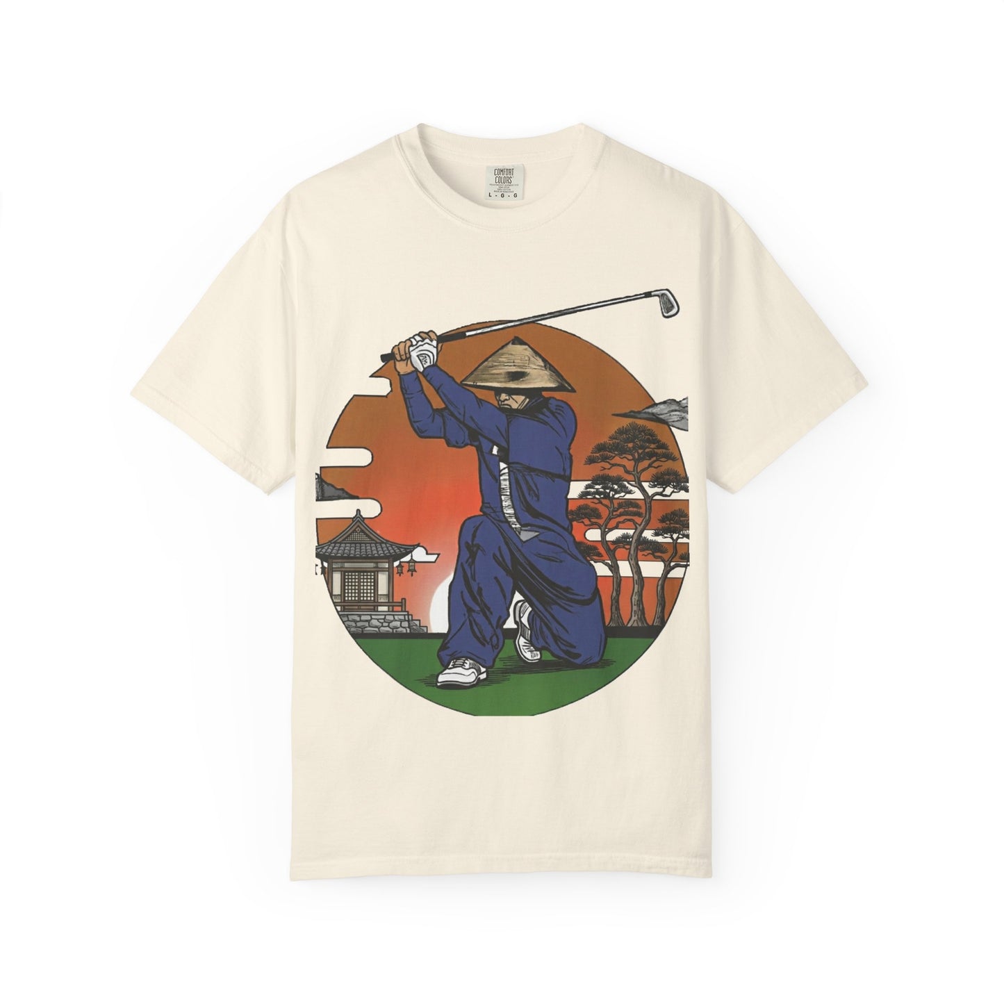 Zen Spot Golf Custom Vintage Sunset Samurai Golfer Graphic T‑Shirt