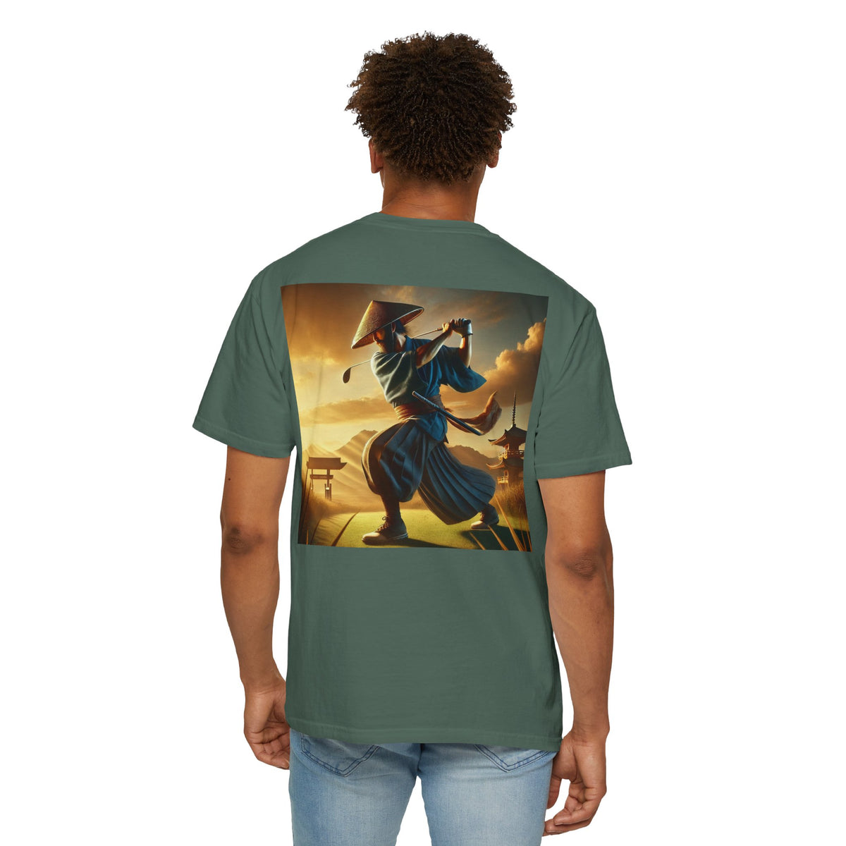 Enso Circle Chest Design Samurai Golfer Sunset Back Graphic T-Shirt