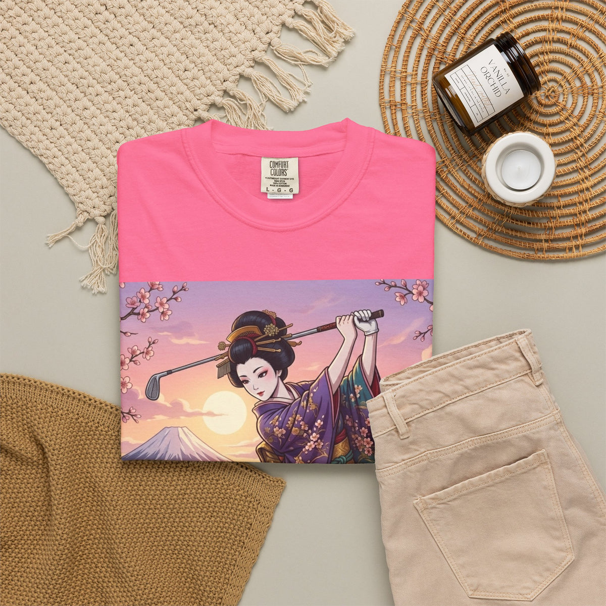Geisha Golfer Garden T-Shirt — Japanese Kimono Sunset Art Tee