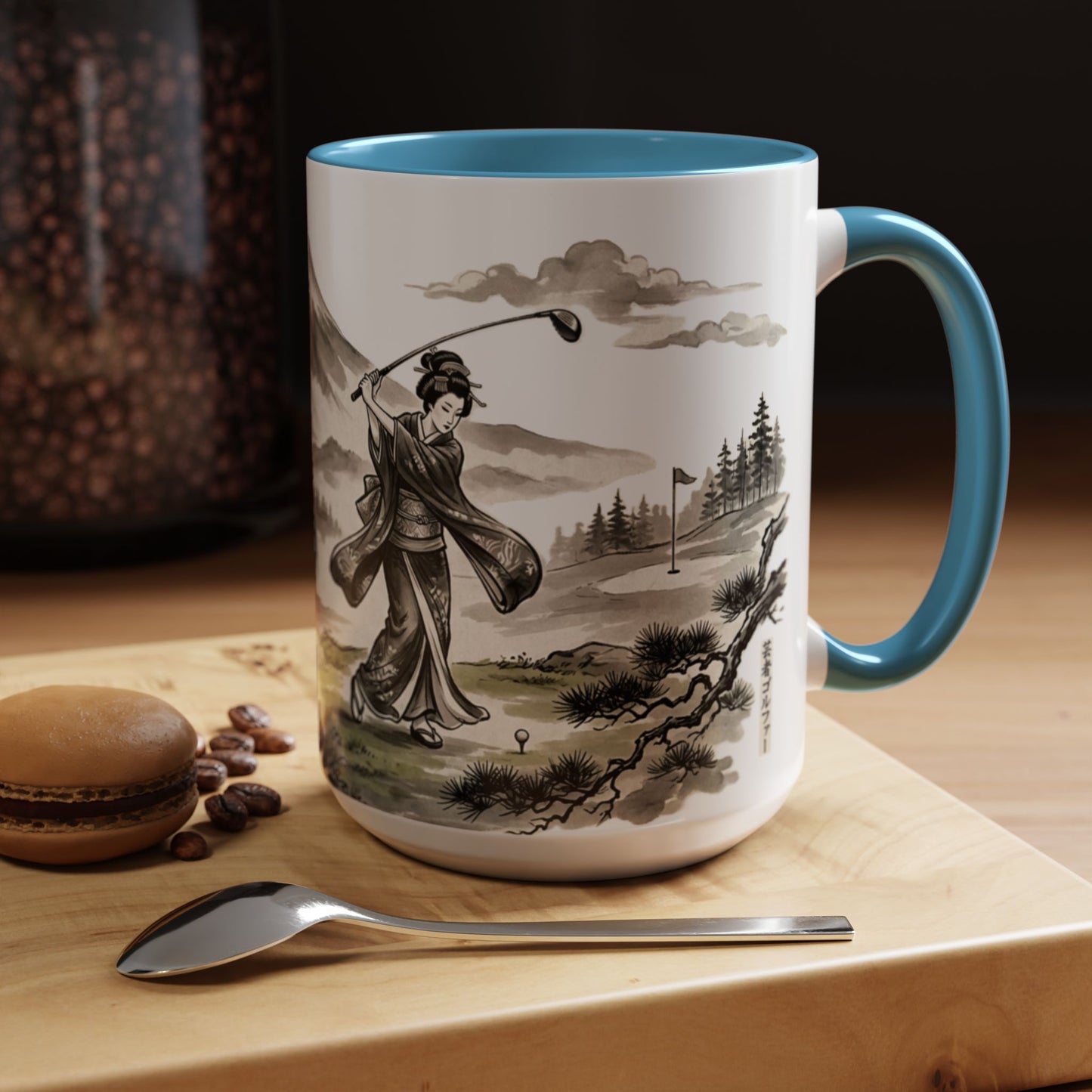 Zen Spot Golf Custom Japanese Golf Scene Accent Coffee Mug Ukiyo-e Style Golfing Geisha (11/15oz)
