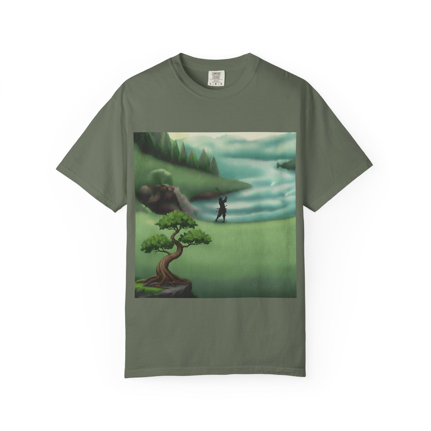 Golf Course Landscape T‑Shirt — Serene Golfer by Lake Graphic Tee