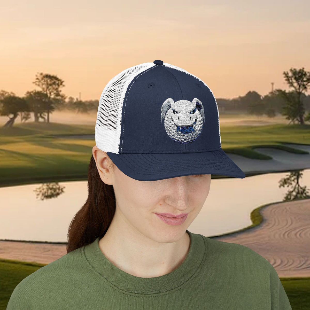 Embroidered White Stitched "Dragon Golf Ball" Trucker Cap