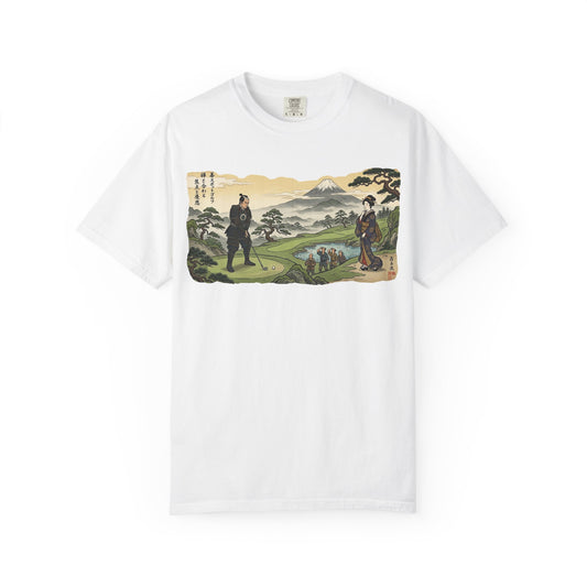 Zen Spot Custom Vintage Samurai Golfer Mount Fuji Landscape Graphic T-Shirt