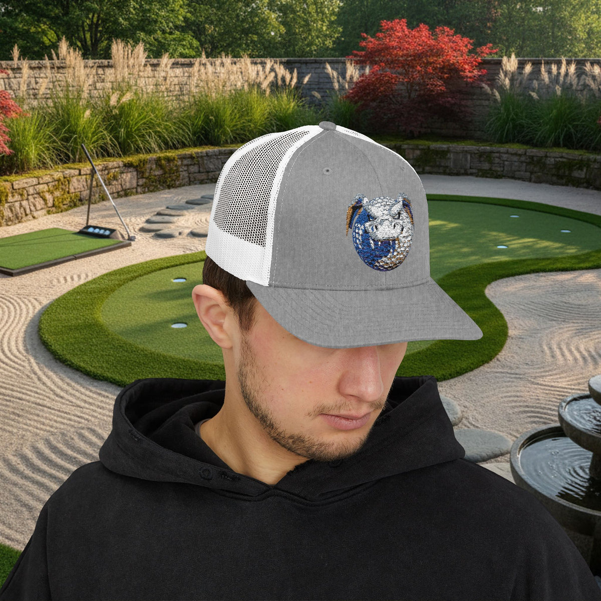 Embroidered White and Brown Stitched "Dragon Golf Ball" Trucker Cap