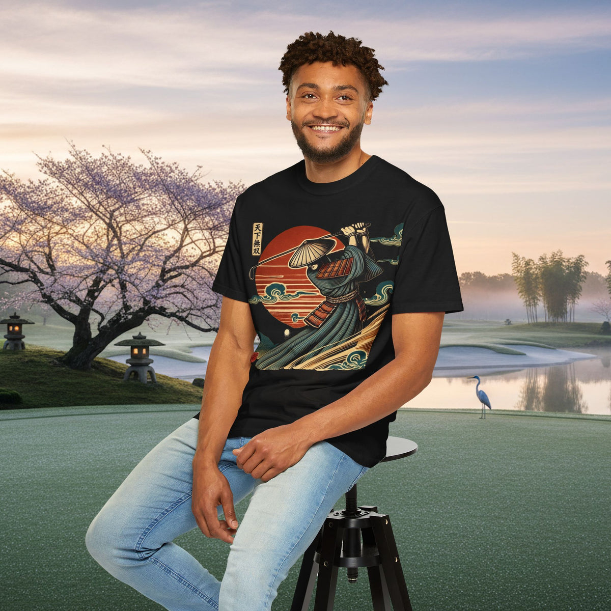 Samurai Golfer Sunset T-Shirt — Japanese Wave & Warrior Graphic Tee