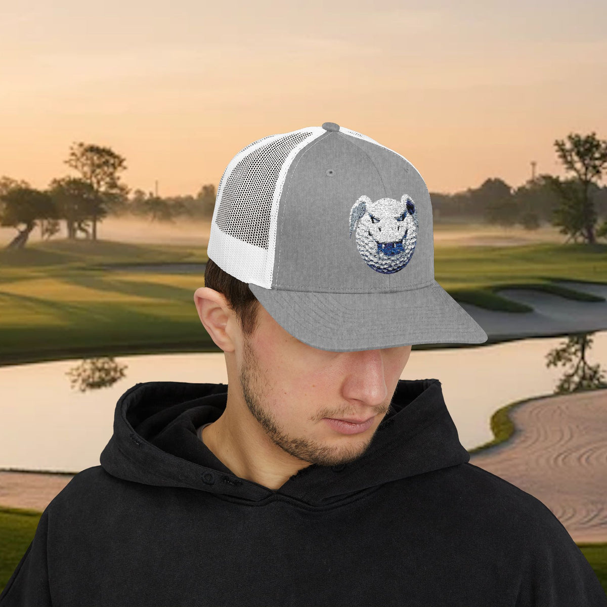 Embroidered White Stitched "Dragon Golf Ball" Trucker Cap