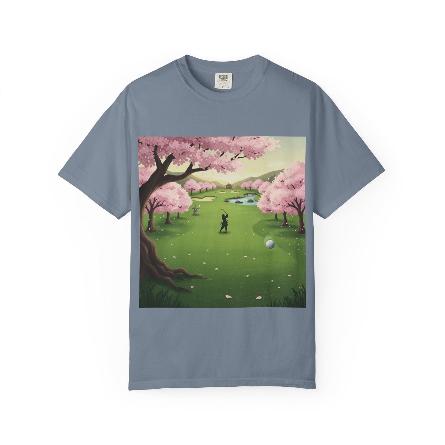 Zen Spot Golf Custom Golf Scenic Course Cherry Blossom Golfer Graphic T-Shirt