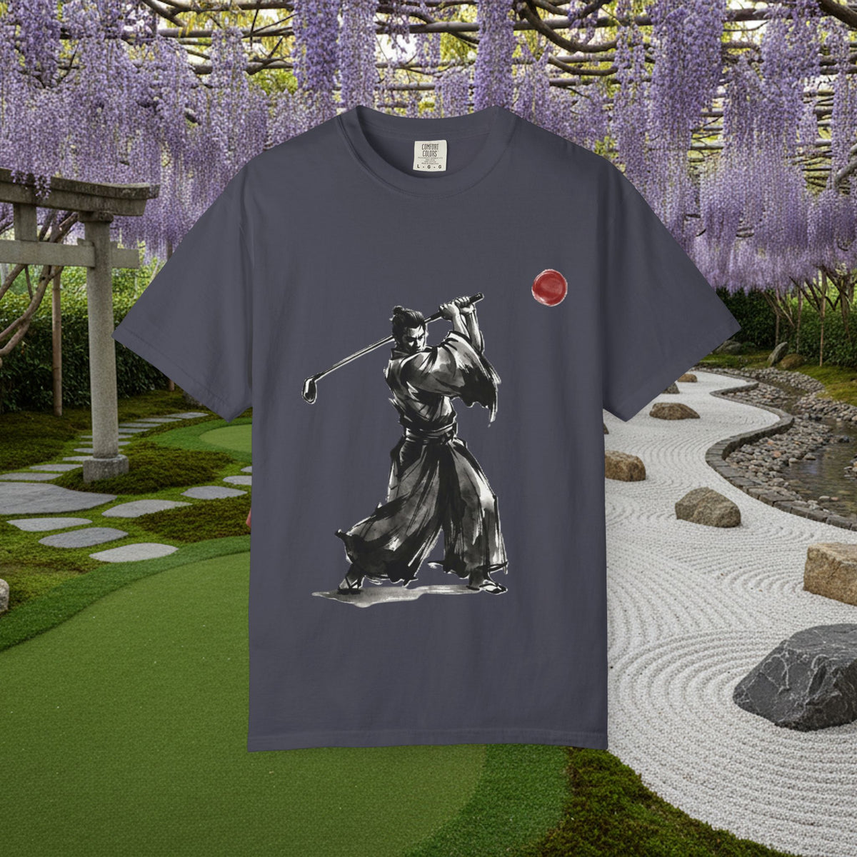 Samurai Golf T-Shirt — Sumi-e Brushstroke Golfer with Red Sun
