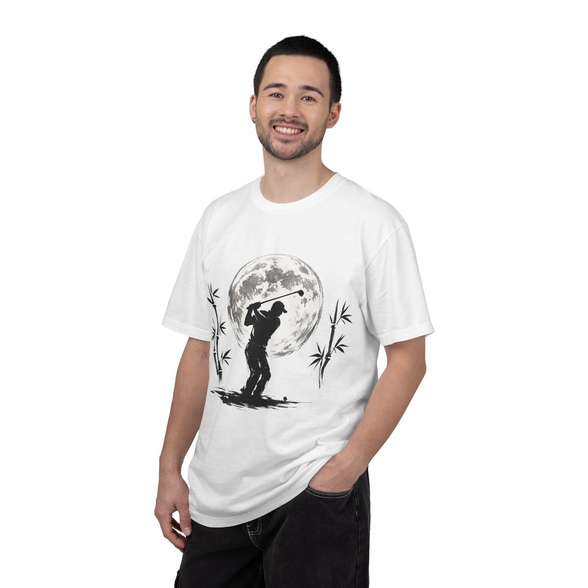 Moonlight Golfer T‑Shirt — Silhouette Golf Tee with Full Moon and Bamboo Design
