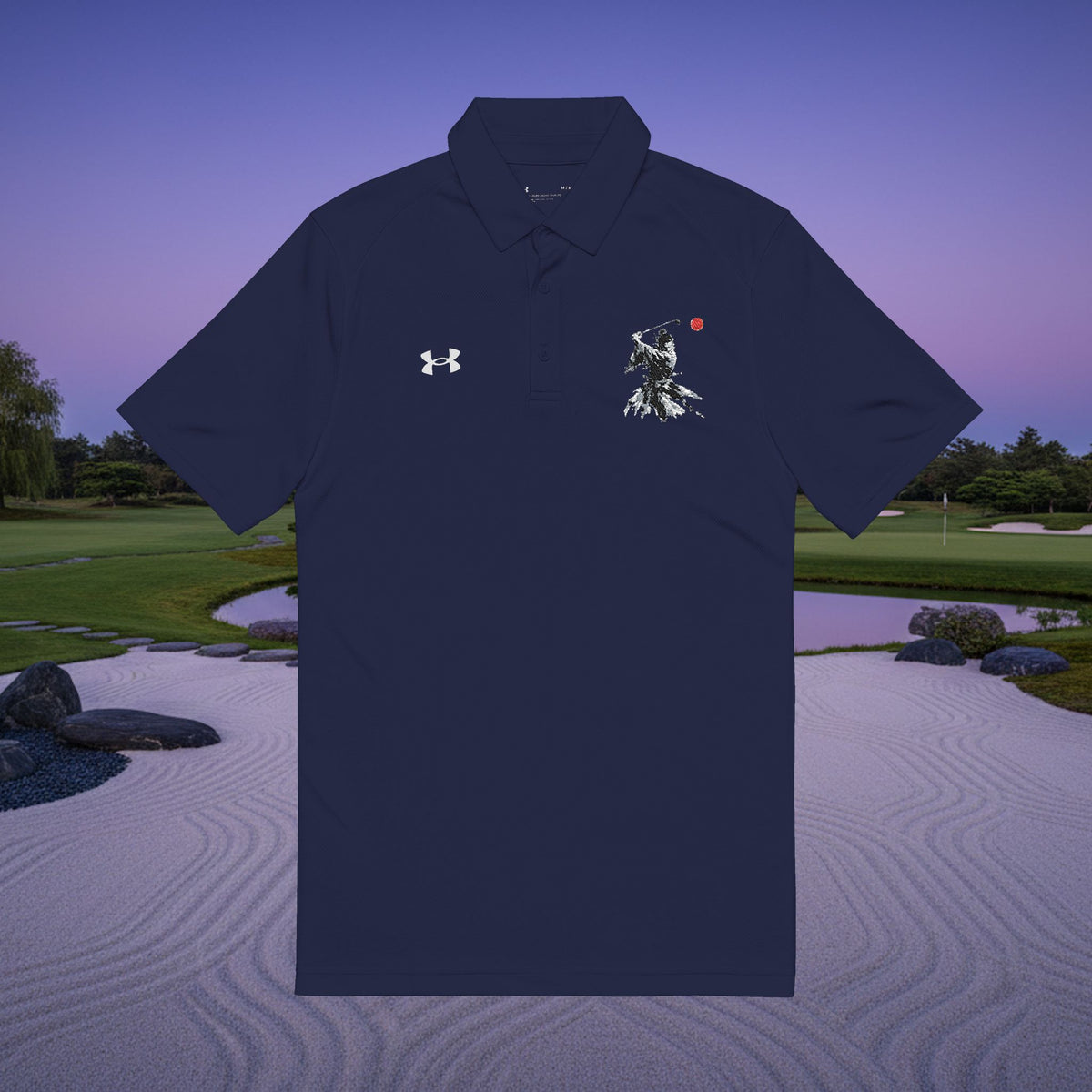 Embroidered Samurai Golfer Polo Shirt — Minimalist Japanese Ink Design