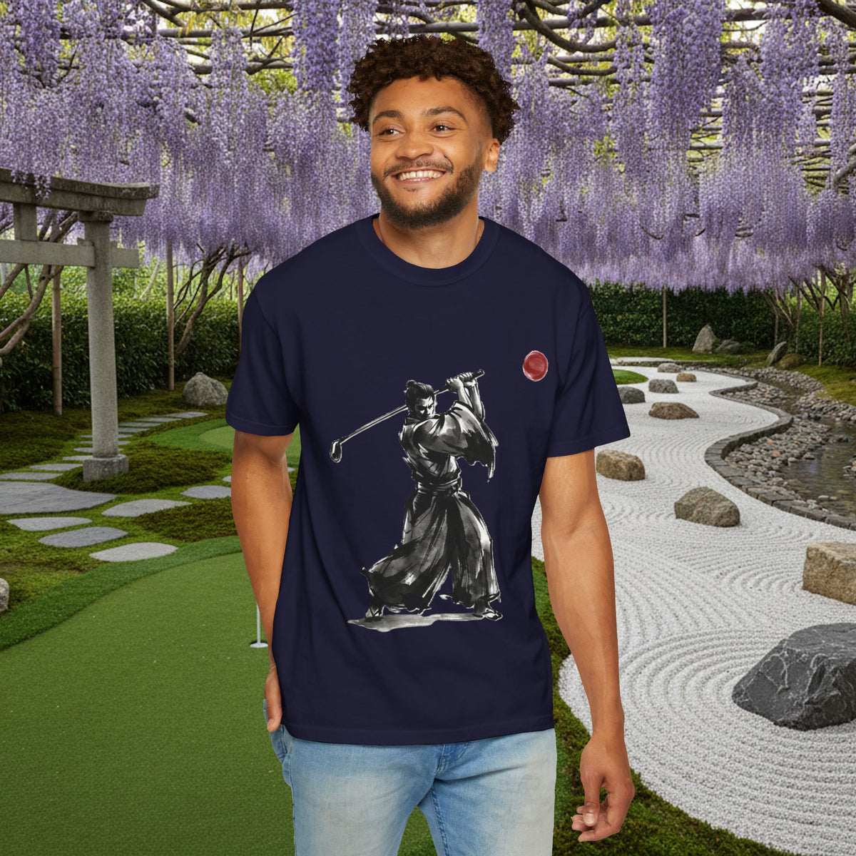 Samurai Golf T-Shirt — Sumi-e Brushstroke Golfer with Red Sun