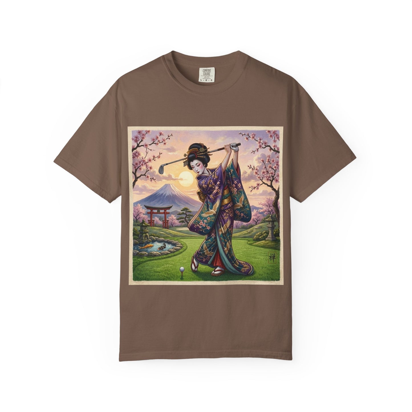 Zen Spot Customized Comfort Colors Geisha Golfing Sunset T-Shirt — Vintage Japanese Kimono Art Tee