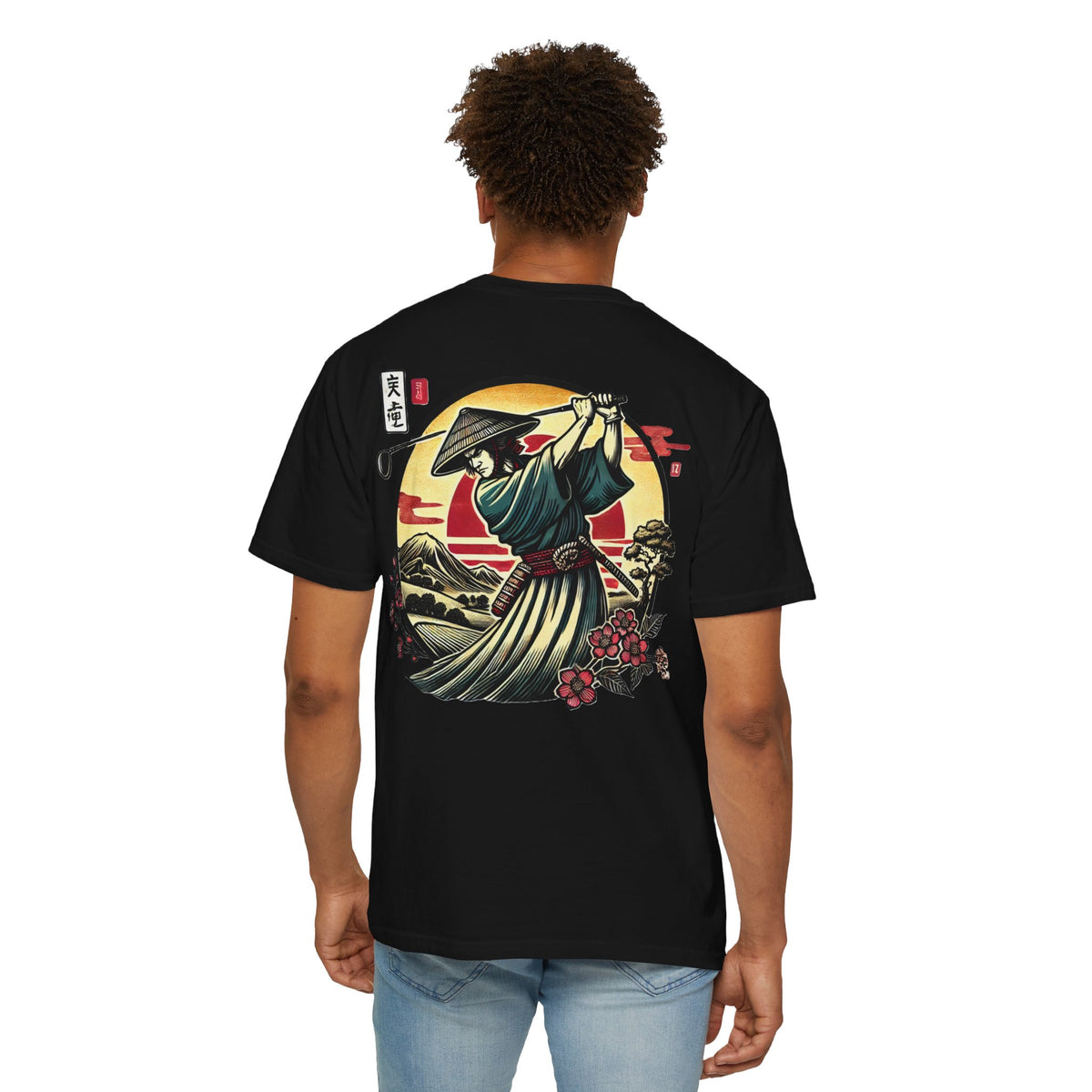 Samurai Golfer Sunset Chest and Back Design Graphic T-Shirt