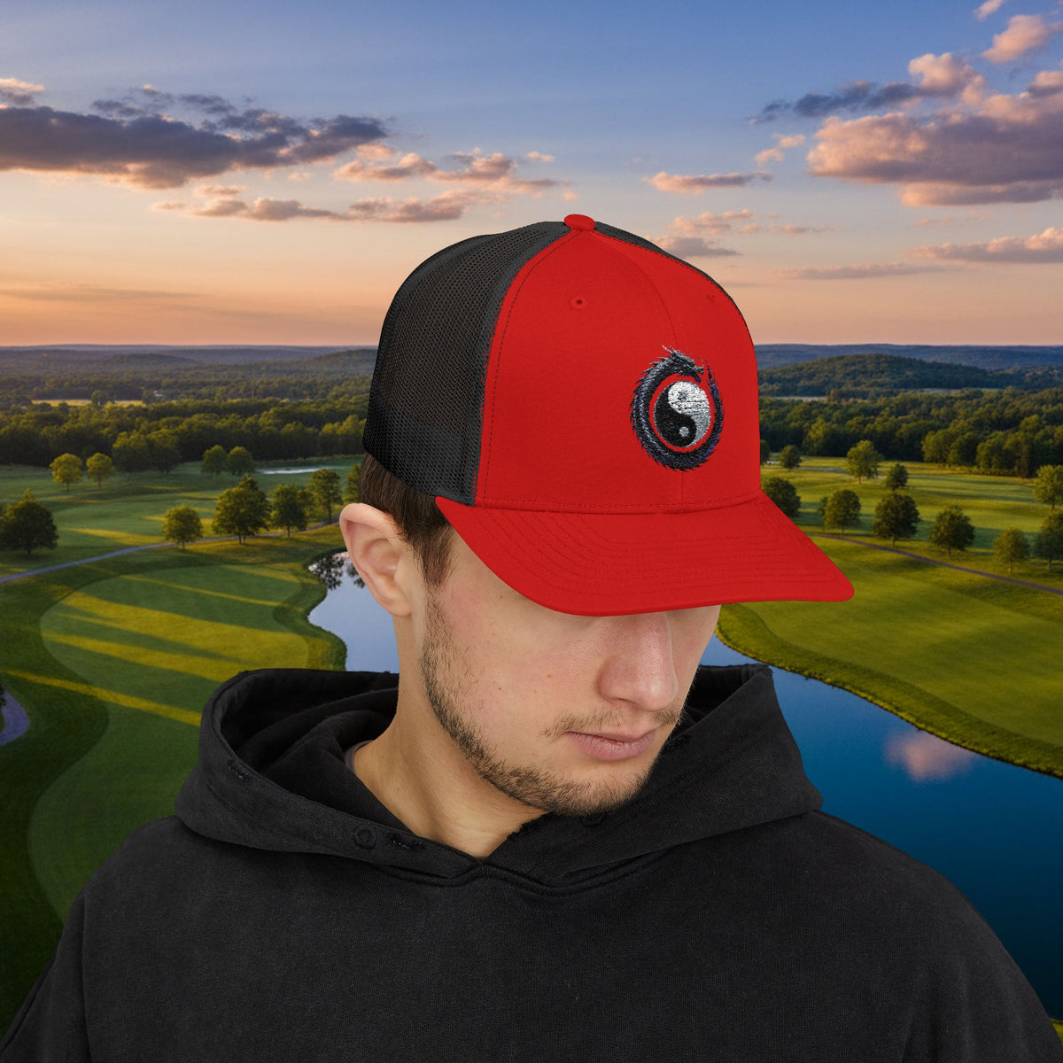 Embroidered Yin Yang Dragon Golf Ball Trucker Hat