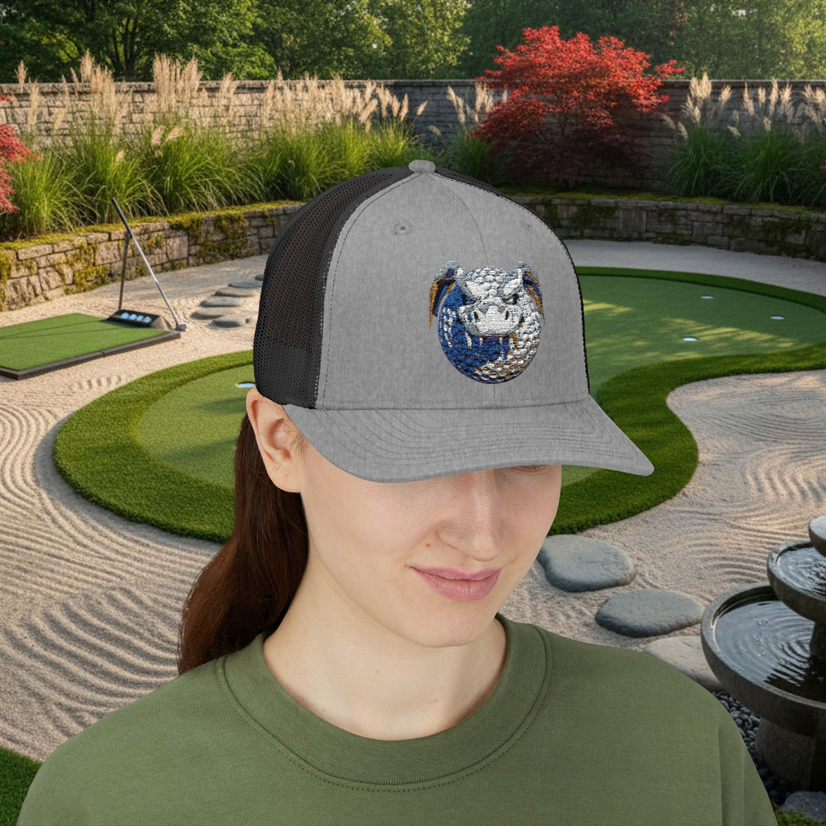Embroidered White and Brown Stitched "Dragon Golf Ball" Trucker Cap