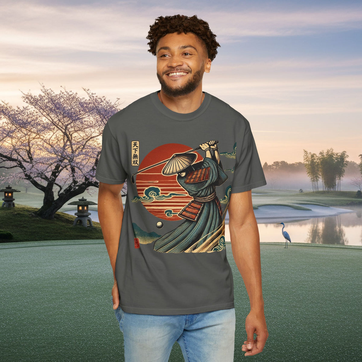 Samurai Golfer Sunset T-Shirt — Japanese Wave & Warrior Graphic Tee