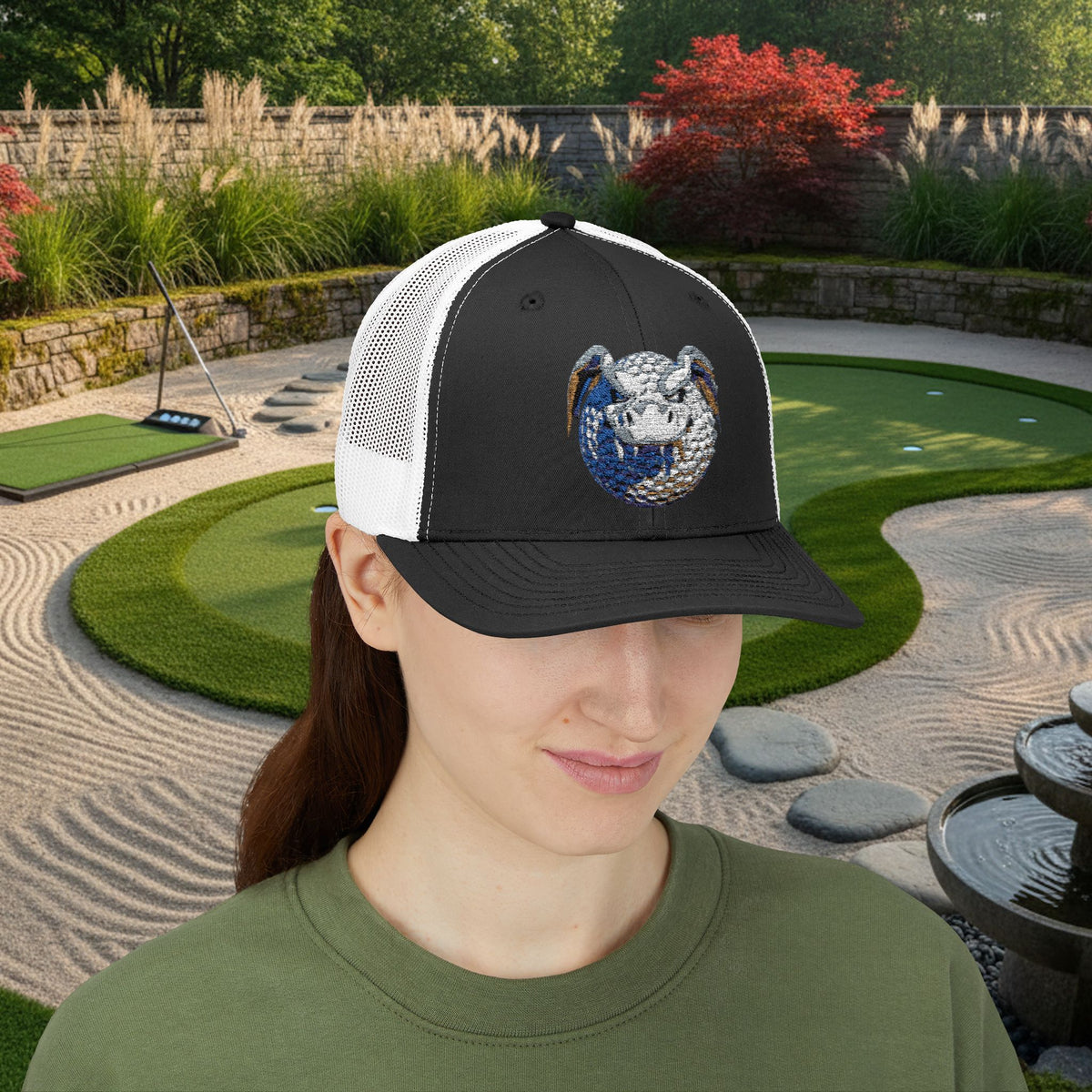 Embroidered White and Brown Stitched "Dragon Golf Ball" Trucker Cap