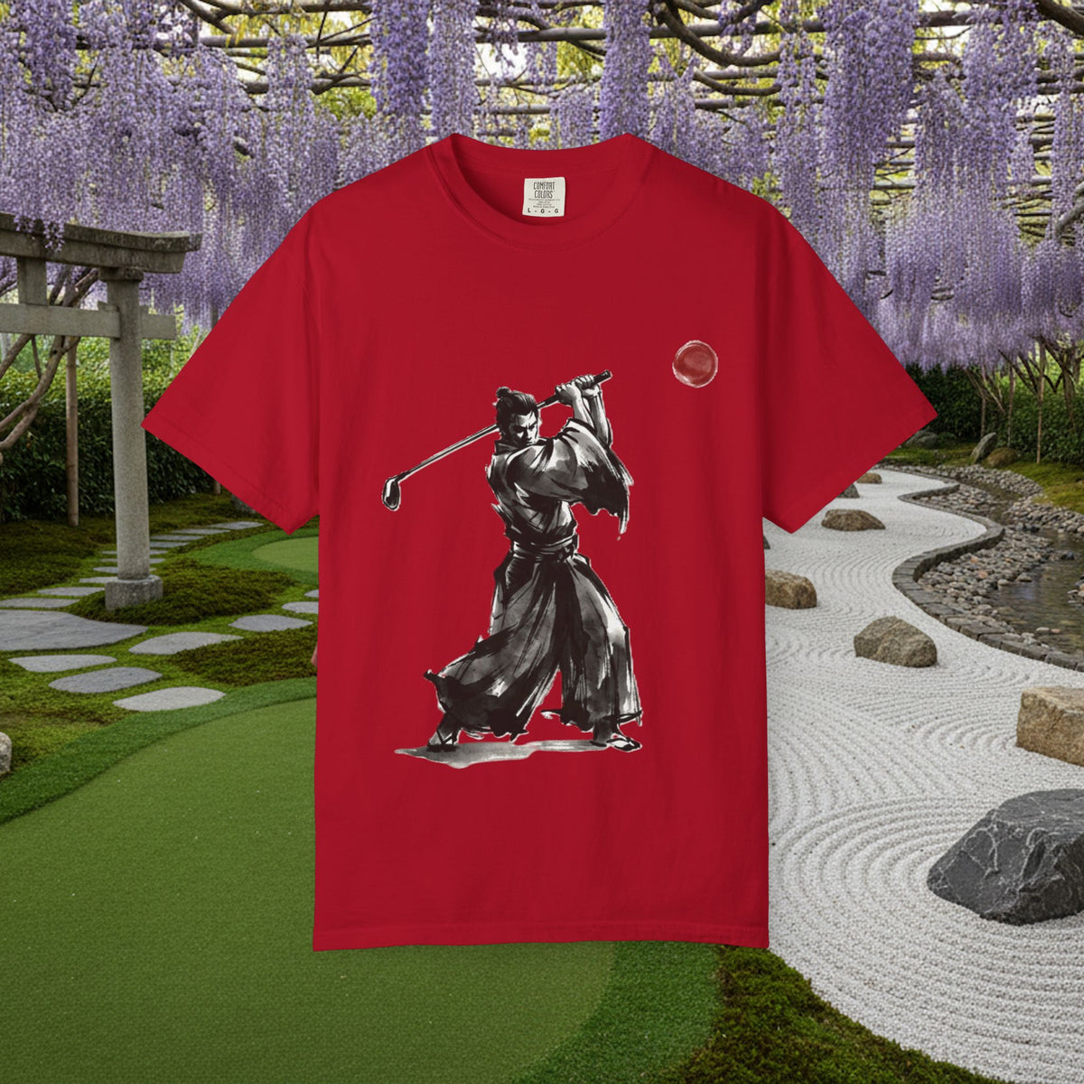 Samurai Golf T-Shirt — Sumi-e Brushstroke Golfer with Red Sun