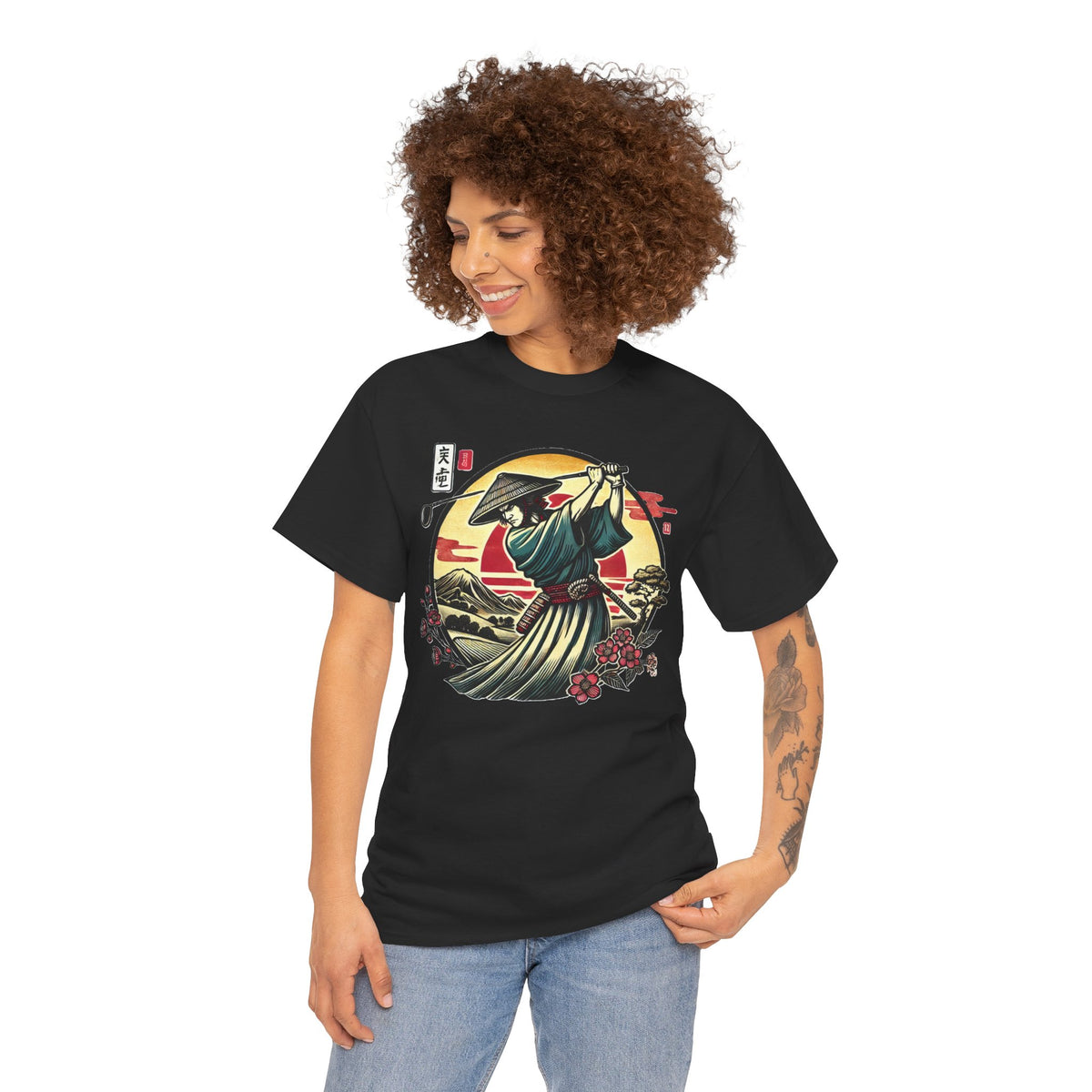 Japanese Samurai Golfer Sunset Graphic T‑Shirt