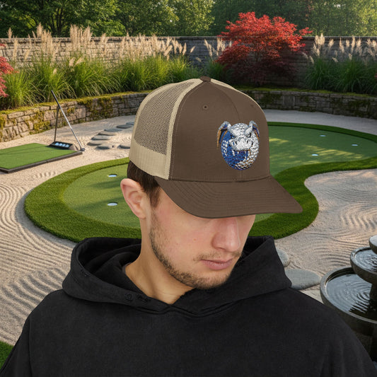 Embroidered White and Brown Stitched "Dragon Golf Ball" Trucker Cap