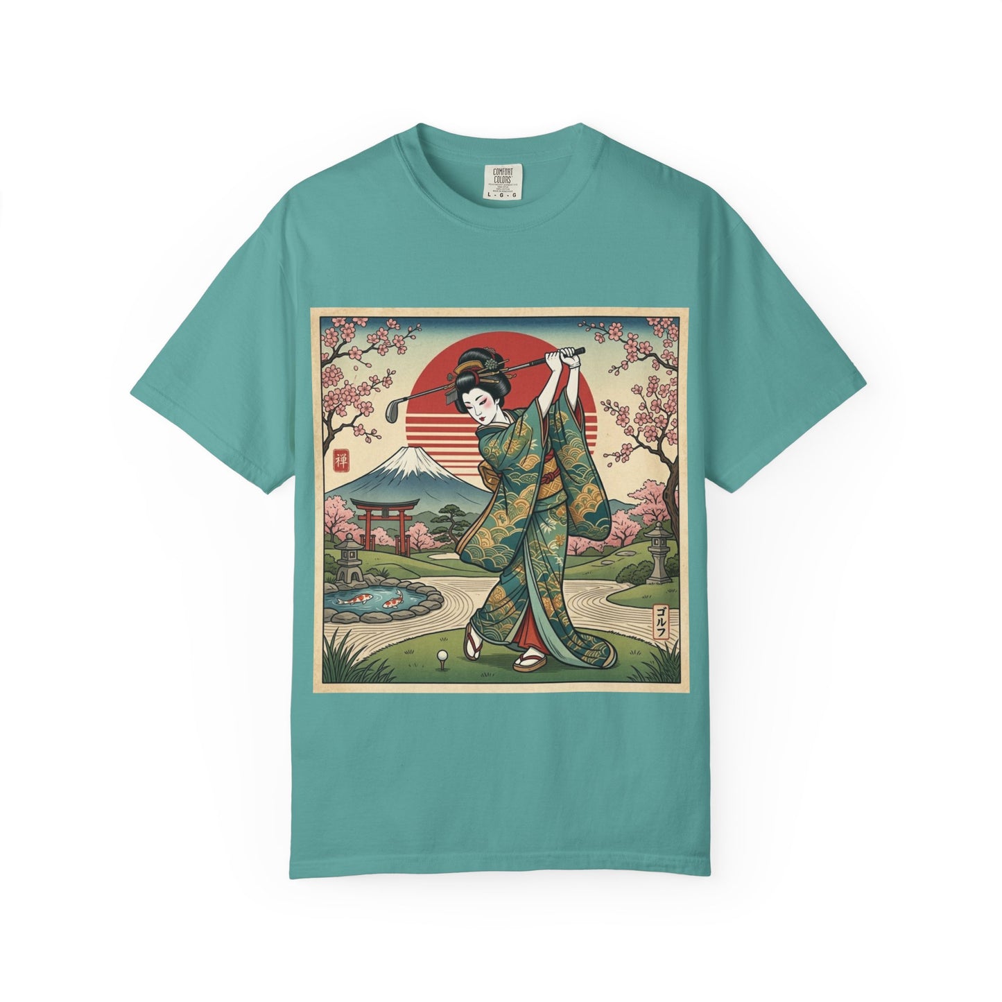 Zen Spot Golf Custom Vintage Japanese Kimono Geisha Golfer Sunset Graphic T-Shirt