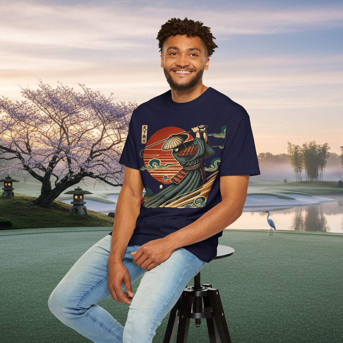 Samurai Golfer Sunset T-Shirt — Japanese Wave & Warrior Graphic Tee