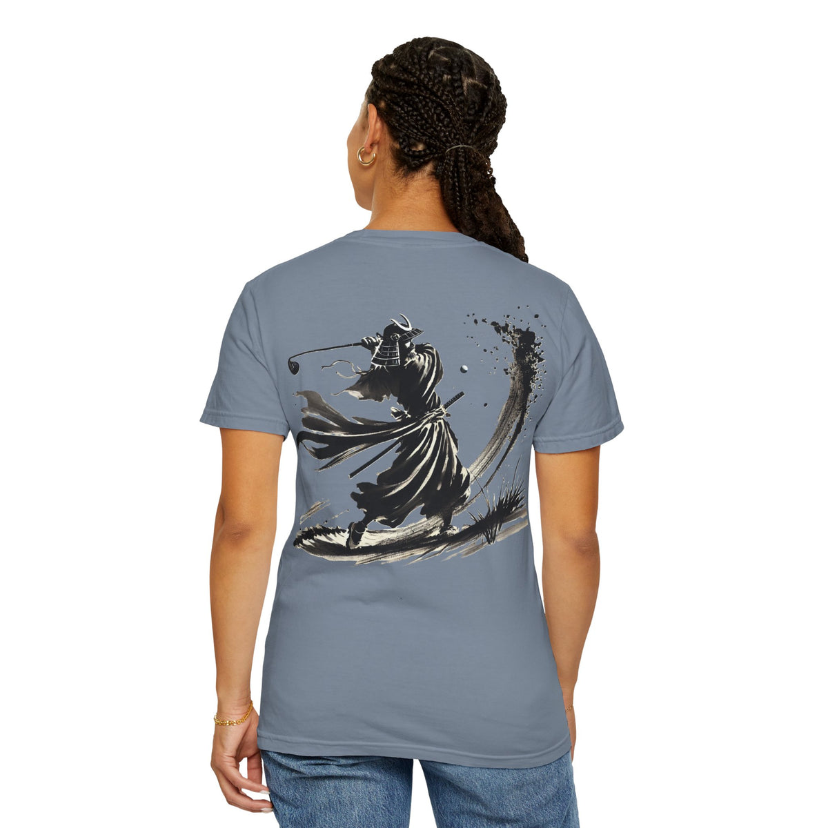 Brushstroke Bunker Blast Samurai Golfer Chest and Back Design Graphic T-Shirt