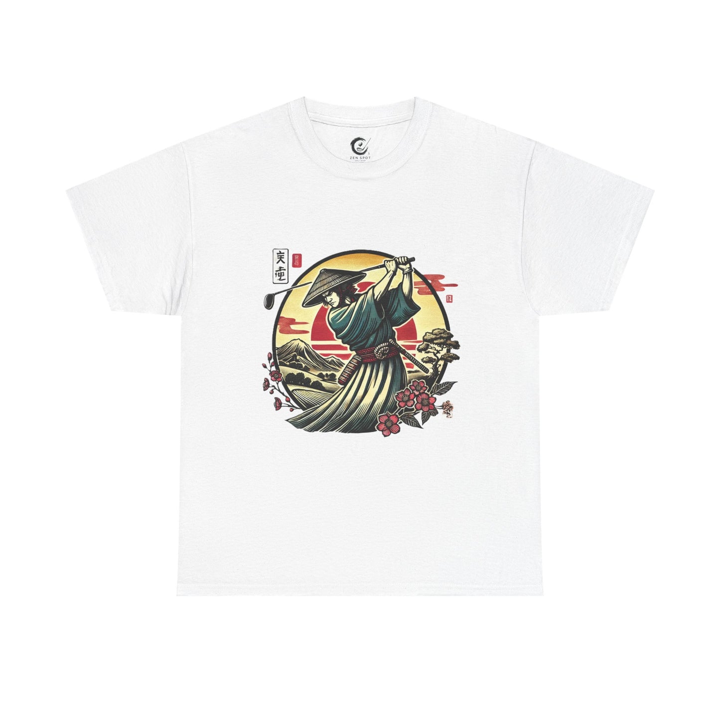 Zen Spot Customized Gildan Samurai Golfer Sunset T‑Shirt — Japanese Warrior Graphic Tee