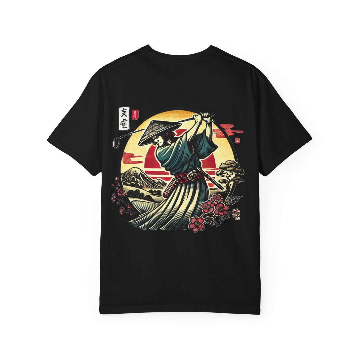 Zen Spot Golf Custom Japanese Warrior Samurai Golfer Sunset Graphic T-Shirt