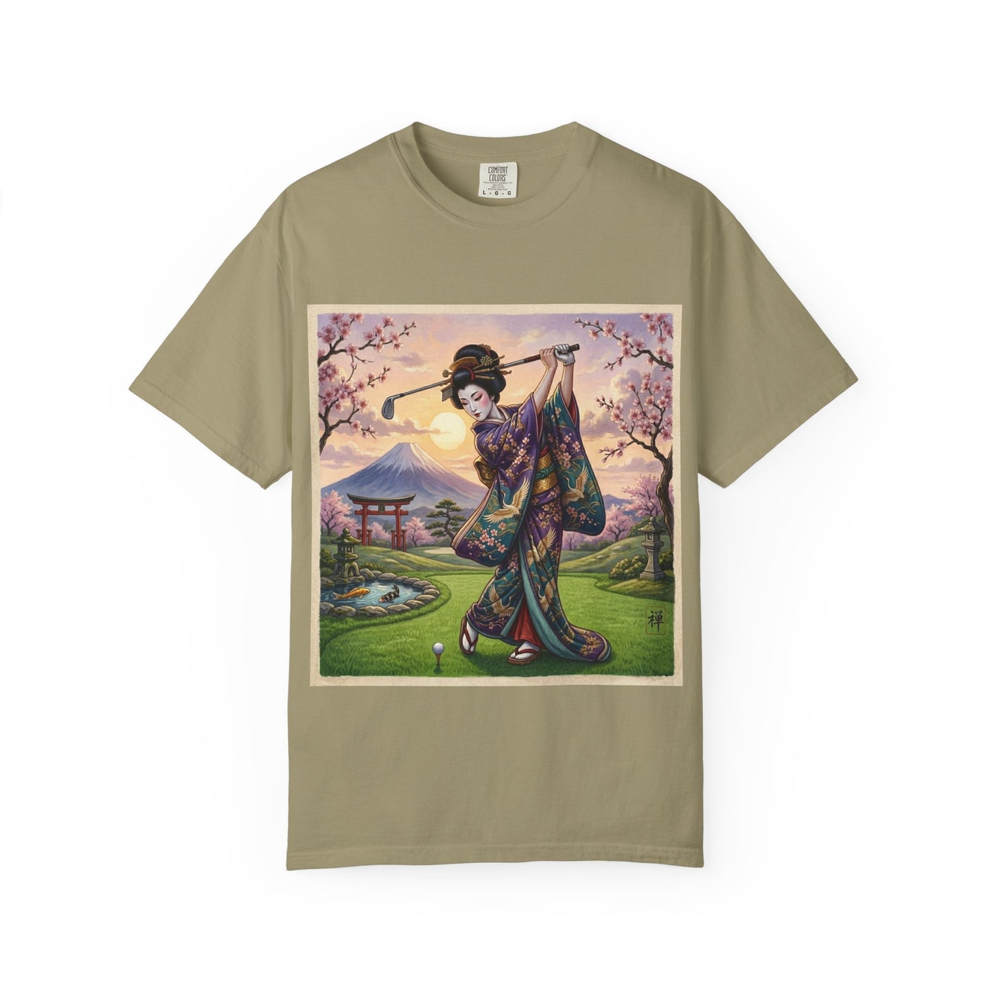 Zen Spot Customized Comfort Colors Geisha Golfing Sunset T-Shirt — Vintage Japanese Kimono Art Tee