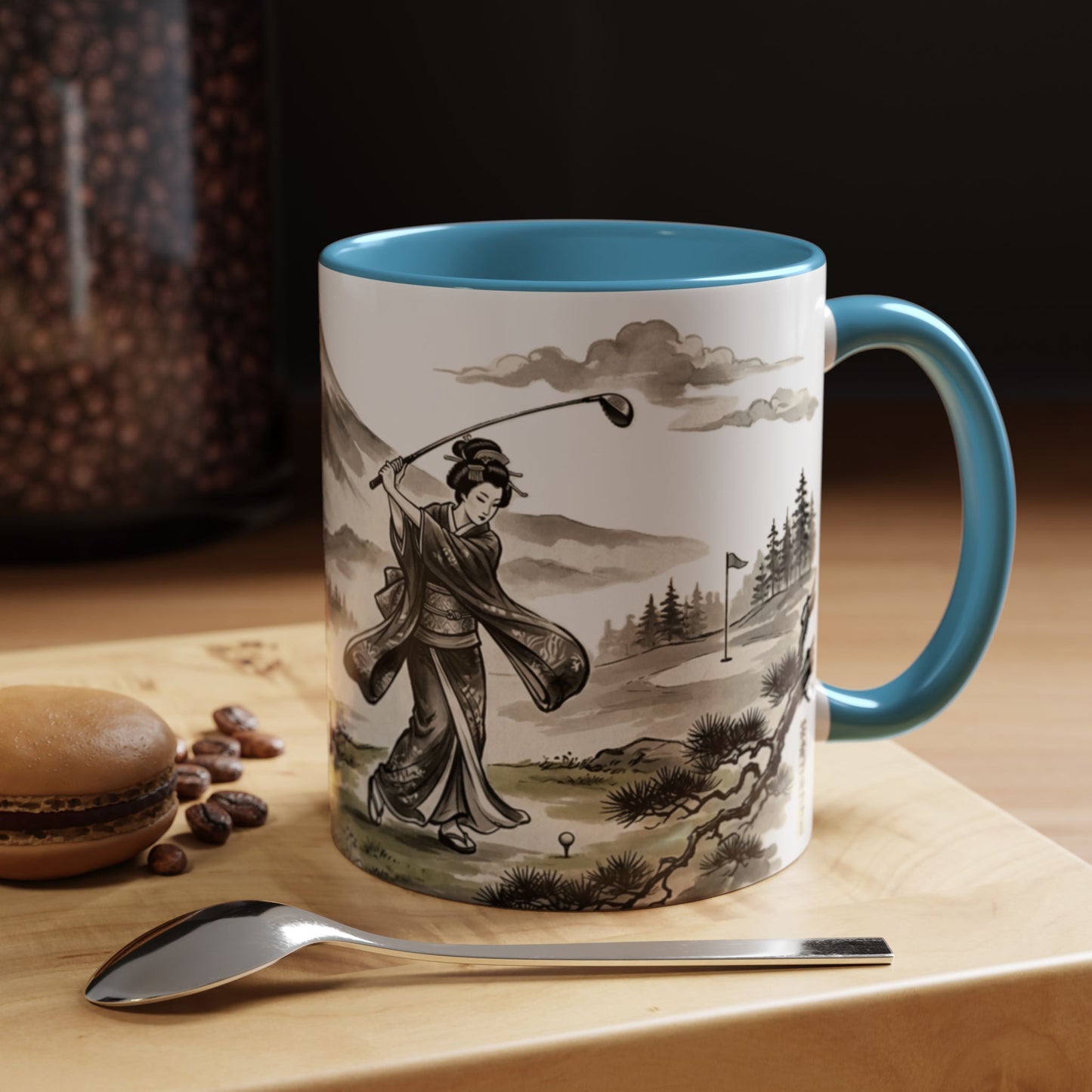Zen Spot Golf Custom Japanese Golf Scene Accent Coffee Mug Ukiyo-e Style Golfing Geisha (11/15oz)