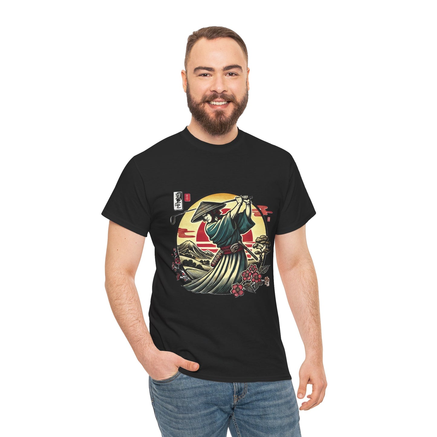 Zen Spot Customized Gildan Samurai Golfer Sunset T‑Shirt — Japanese Warrior Graphic Tee