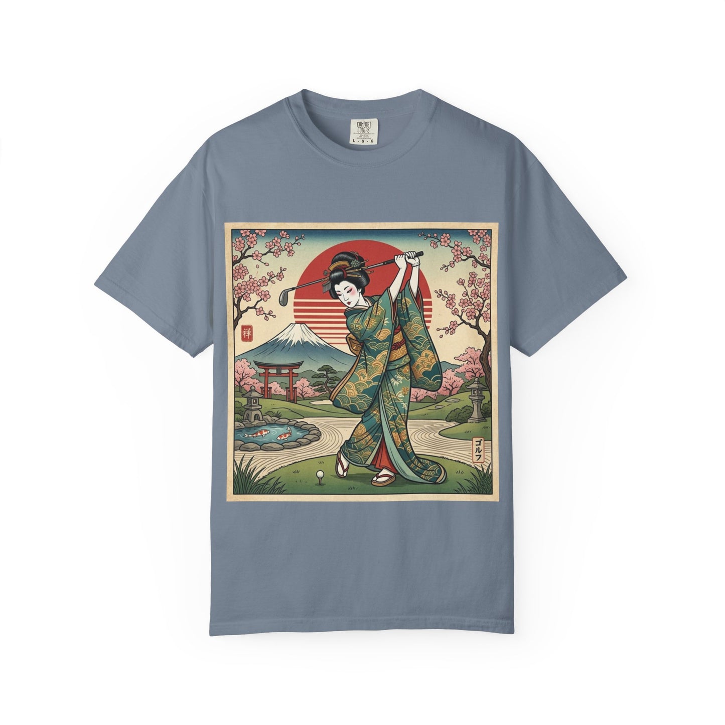 Zen Spot Golf Custom Vintage Japanese Kimono Geisha Golfer Sunset Graphic T-Shirt