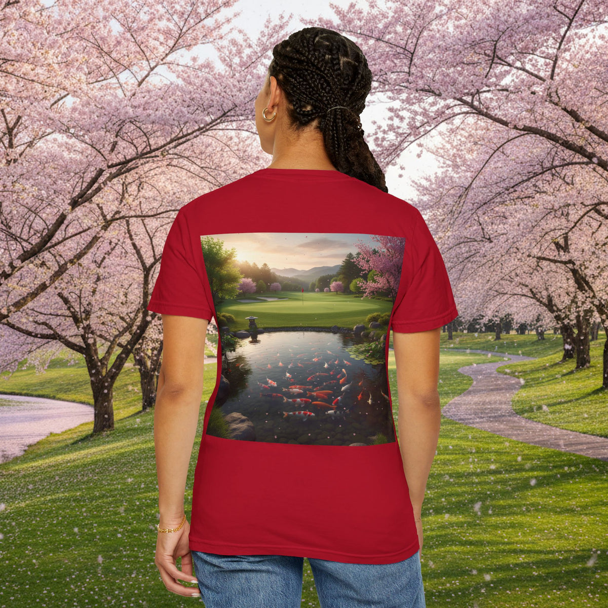 Enso Circle Chest Design Koi Pond Landscape Back Graphic T-Shirt