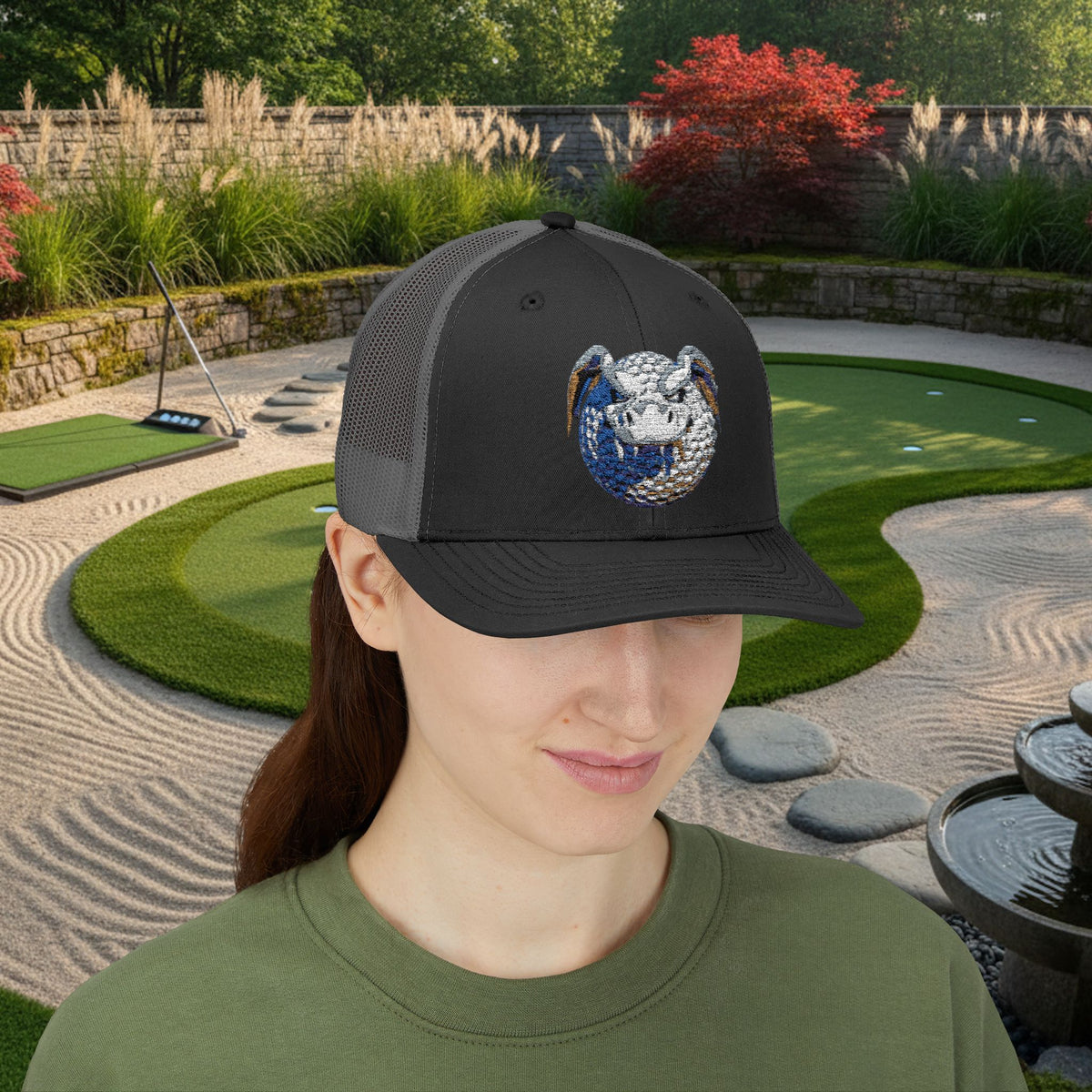 Embroidered White and Brown Stitched "Dragon Golf Ball" Trucker Cap