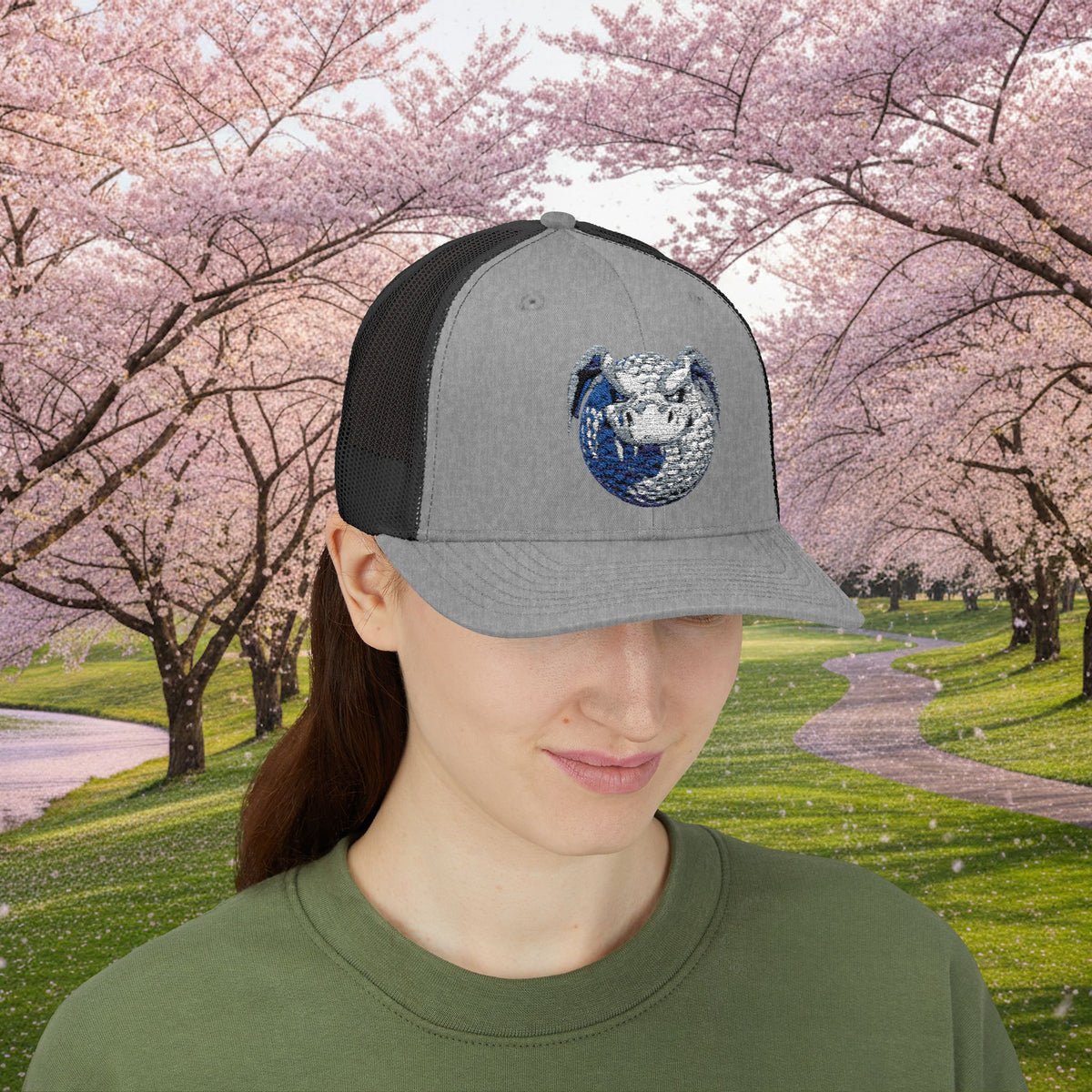 Embroidered White and Grey Stitched "Dragon Golf Ball" Trucker Cap