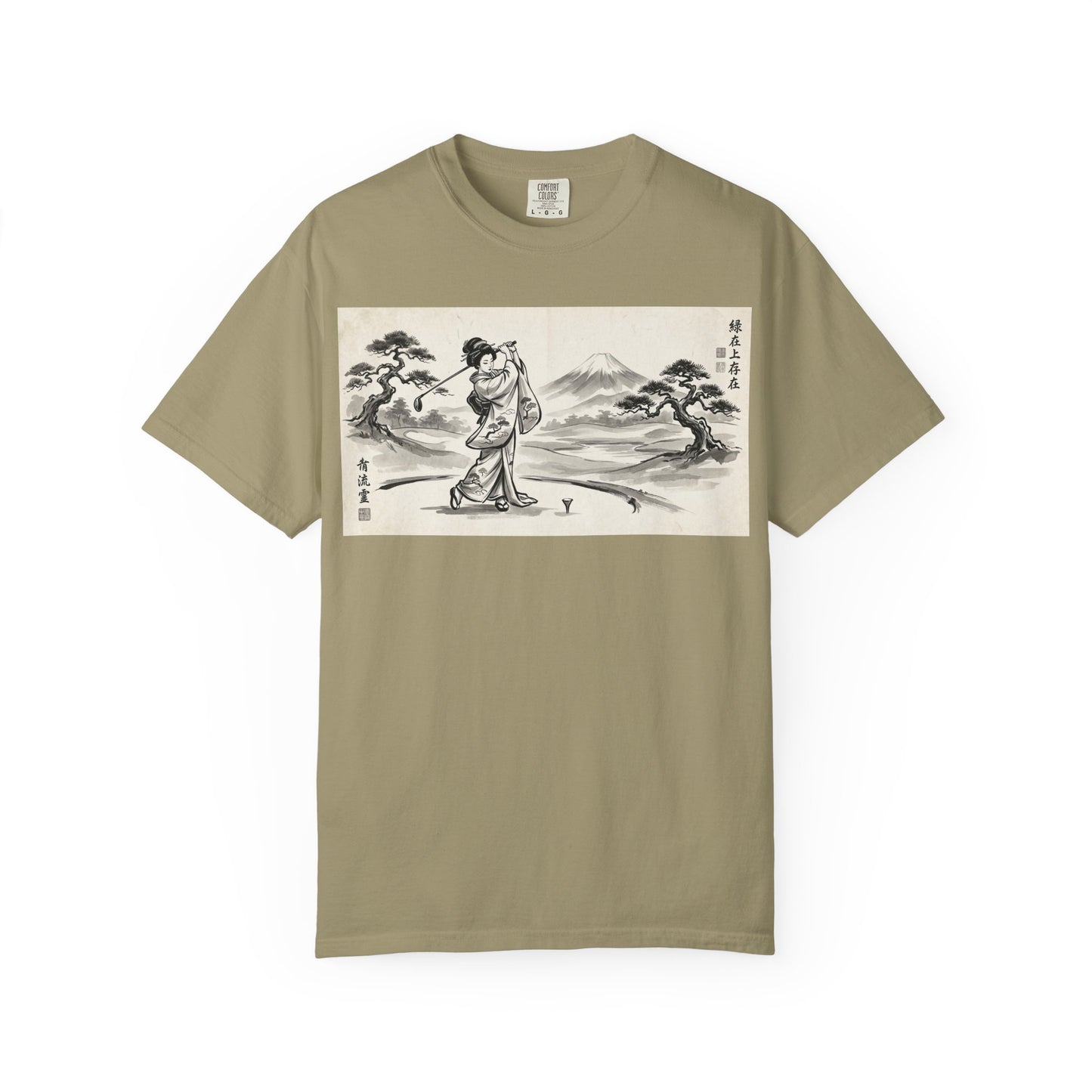 Zen Spot Customized Comfort Colors Japanese Sumi-e Landscape T-Shirt — Vintage Geisha & Mount Fuji Graphic Tee
