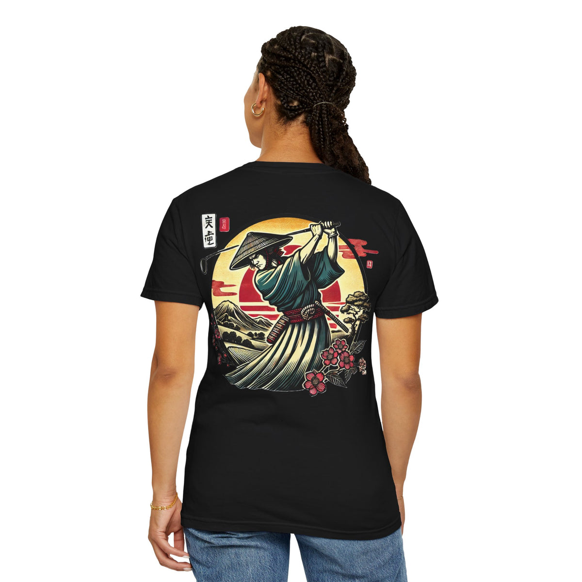 Samurai Golfer Sunset Chest and Back Design Graphic T-Shirt