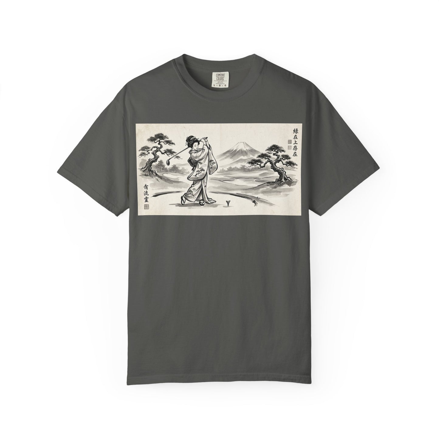 Zen Spot Customized Comfort Colors Japanese Sumi-e Landscape T-Shirt — Vintage Geisha & Mount Fuji Graphic Tee