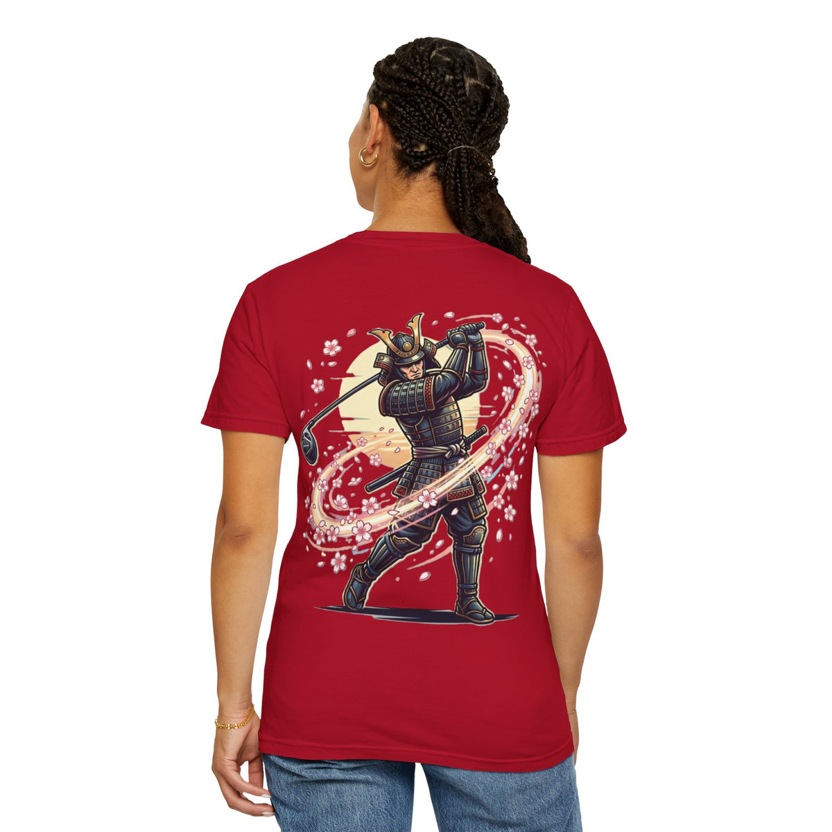 Samurai Golf T-Shirt — Warrior Golfer with Cherry Blossom Swirl