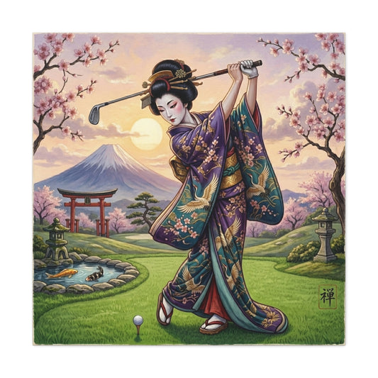 Geisha Golfer Canvas Print — Japanese Cherry Blossom Golf Art
