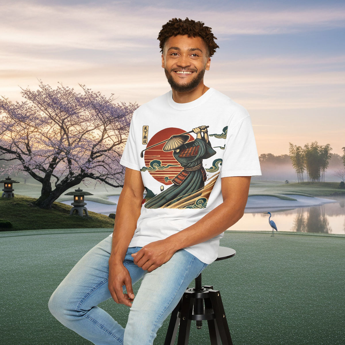 Samurai Golfer Sunset T-Shirt — Japanese Wave & Warrior Graphic Tee