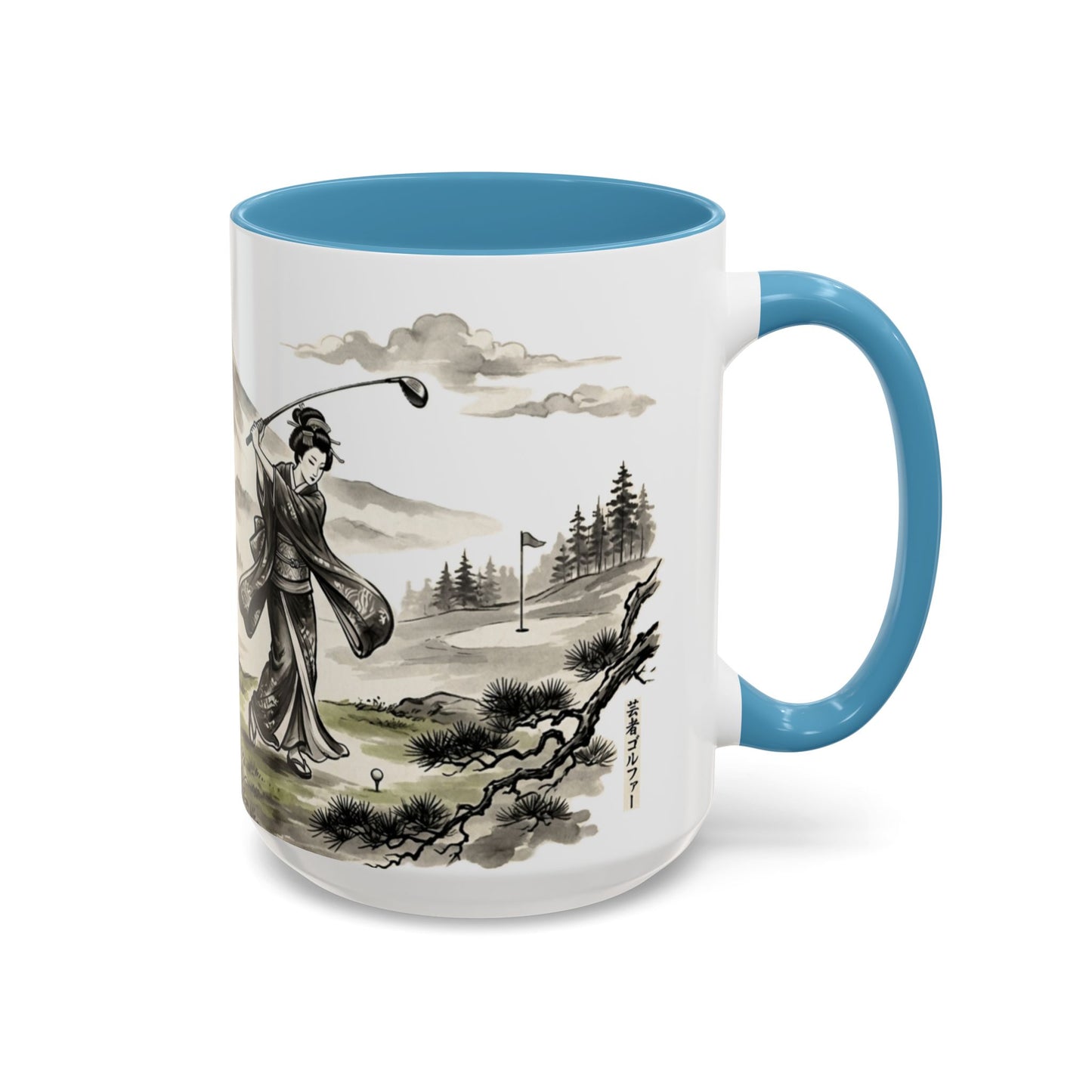 Zen Spot Golf Custom Japanese Golf Scene Accent Coffee Mug Ukiyo-e Style Golfing Geisha (11/15oz)