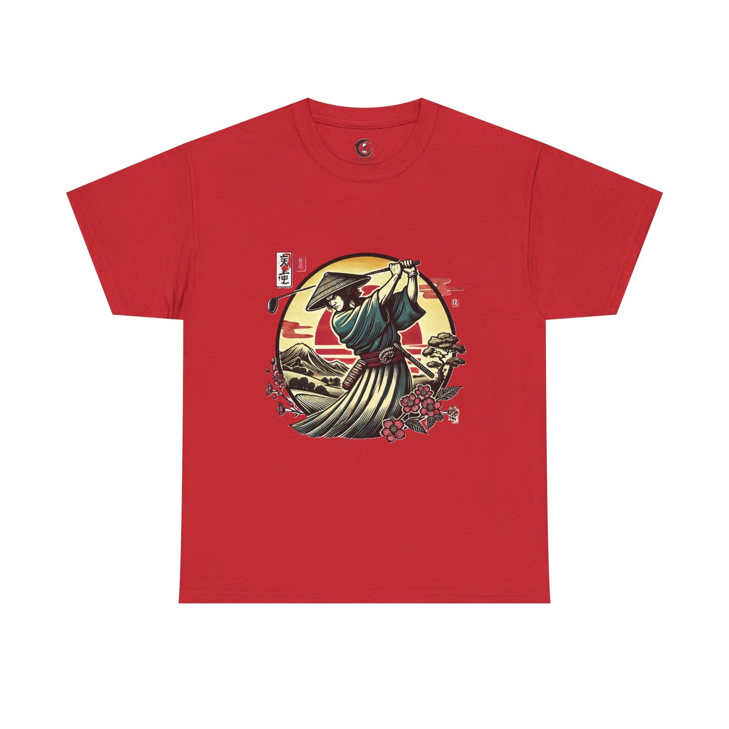 Zen Spot Customized Gildan Samurai Golfer Sunset T‑Shirt — Japanese Warrior Graphic Tee