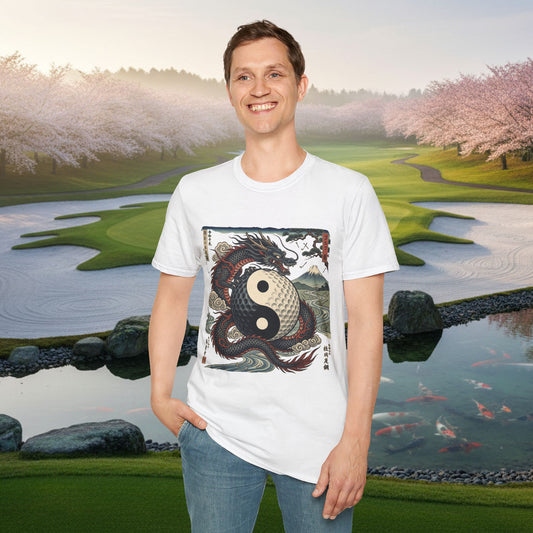Yin Yang Dragon Golf T‑Shirt — Japanese Wave & Mt. Fuji Graphic Tee