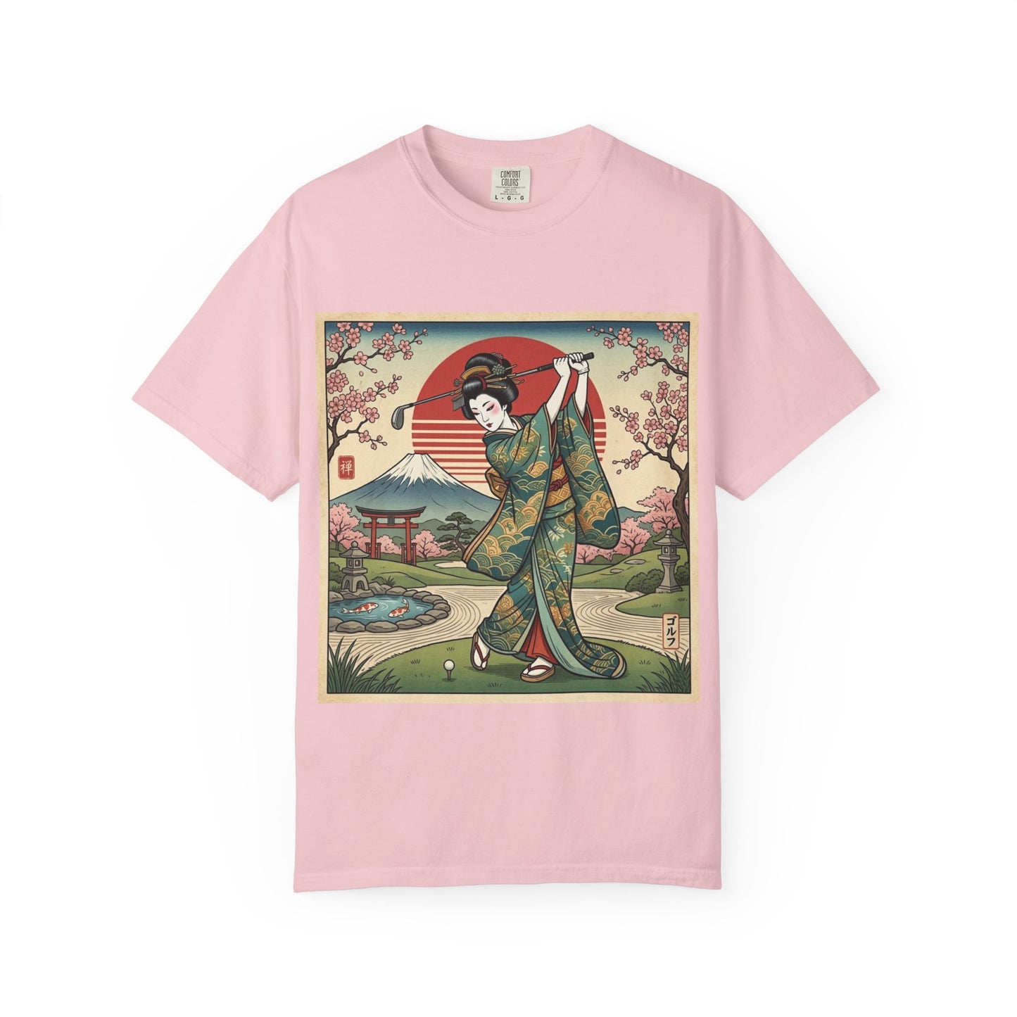 Zen Spot Golf Custom Vintage Japanese Kimono Geisha Golfer Sunset Graphic T-Shirt