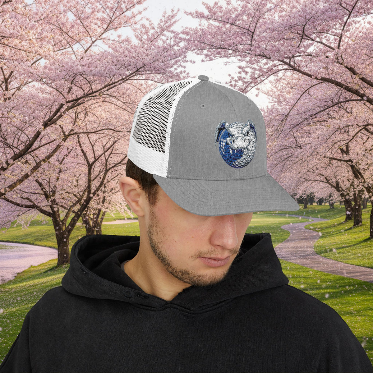 Embroidered White and Grey Stitched "Dragon Golf Ball" Trucker Cap