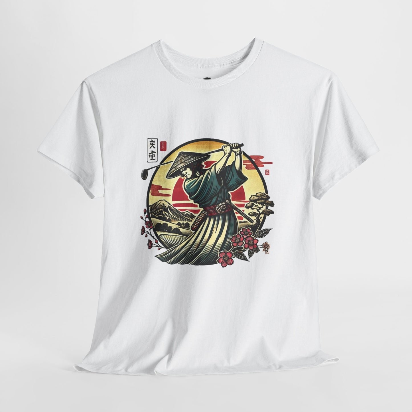Zen Spot Customized Gildan Samurai Golfer Sunset T‑Shirt — Japanese Warrior Graphic Tee