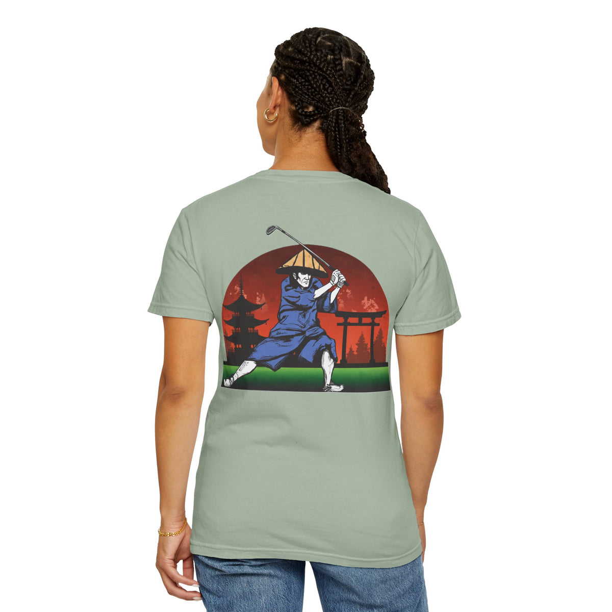 Japanese Sunset Samurai Golfer Chest and Back Graphic T-Shirt