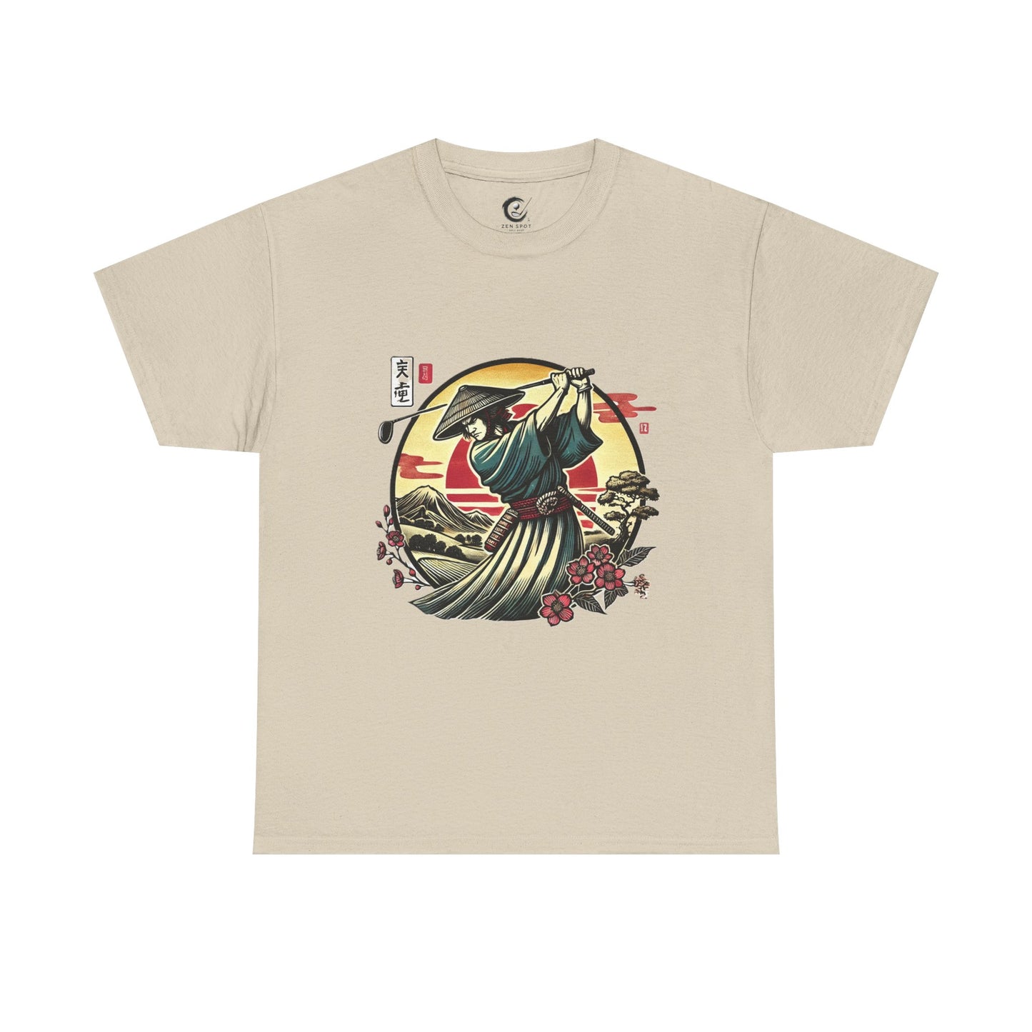 Zen Spot Customized Gildan Samurai Golfer Sunset T‑Shirt — Japanese Warrior Graphic Tee